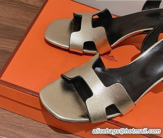 Top Design Hermes Ella Medium Heel Sandals 7cm in Smooth Leather Light Gold/Black 071936