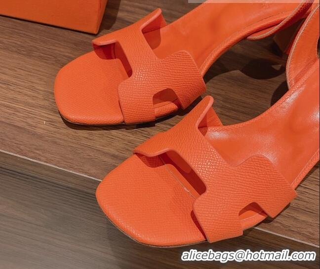 Top Grade Hermes Ella Medium Heel Sandals 7cm in Grained Leather Orange/Silver Buckle 071937