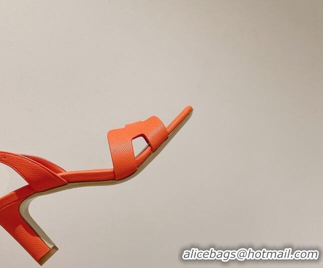 Top Grade Hermes Ella Medium Heel Sandals 7cm in Grained Leather Orange/Silver Buckle 071937