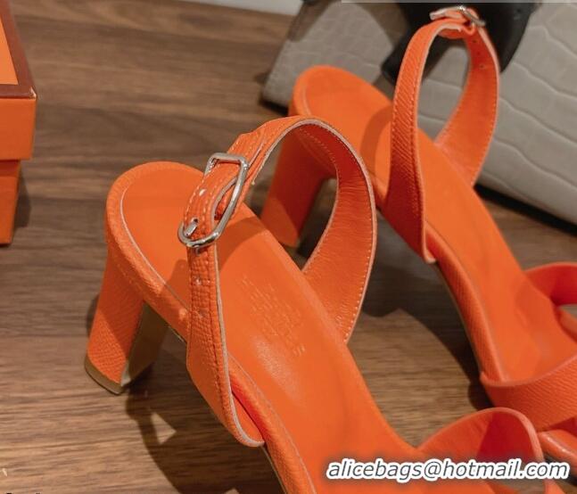 Top Grade Hermes Ella Medium Heel Sandals 7cm in Grained Leather Orange/Silver Buckle 071937