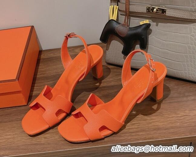 Top Grade Hermes Ella Medium Heel Sandals 7cm in Grained Leather Orange/Silver Buckle 071937