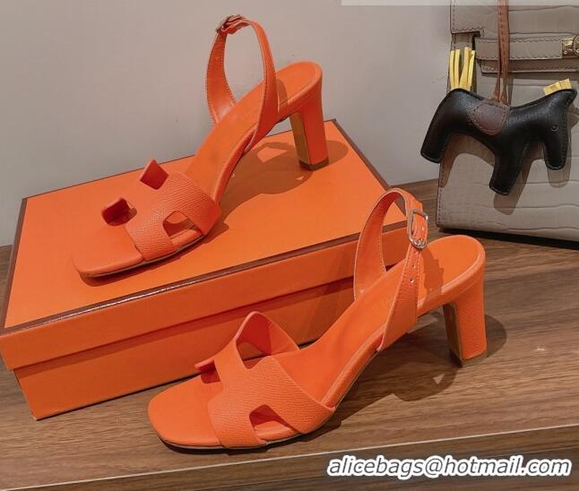 Top Grade Hermes Ella Medium Heel Sandals 7cm in Grained Leather Orange/Silver Buckle 071937