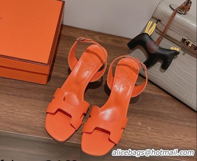 Top Grade Hermes Ella Medium Heel Sandals 7cm in Grained Leather Orange/Silver Buckle 071937