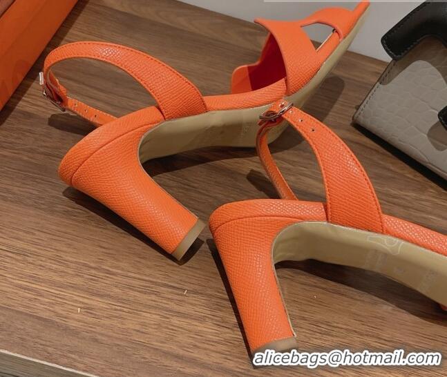 Top Grade Hermes Ella Medium Heel Sandals 7cm in Grained Leather Orange/Silver Buckle 071937