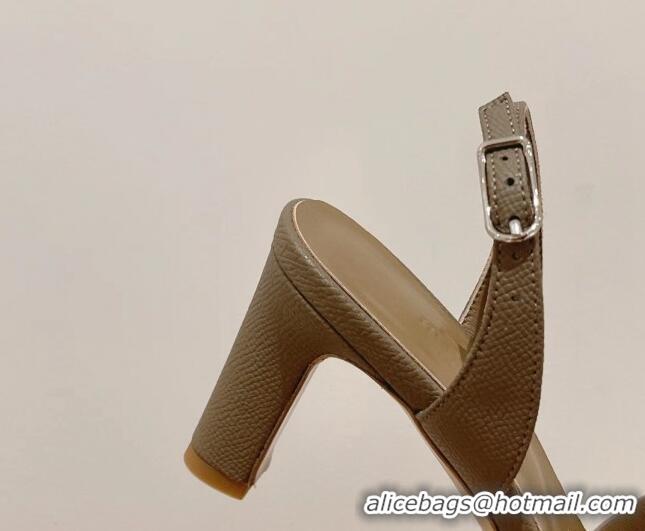 Low Cost Hermes Ella Medium Heel Sandals 7cm in Grained Leather Grey/Silver Buckle 071938