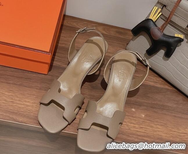 Low Cost Hermes Ella Medium Heel Sandals 7cm in Grained Leather Grey/Silver Buckle 071938