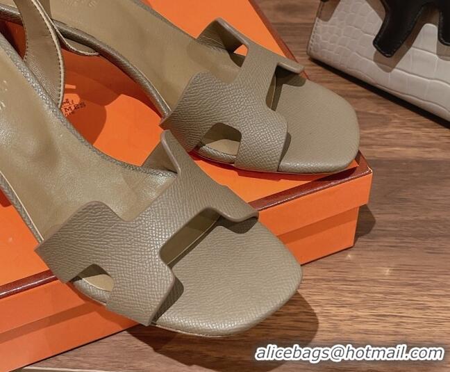 Low Cost Hermes Ella Medium Heel Sandals 7cm in Grained Leather Grey/Silver Buckle 071938