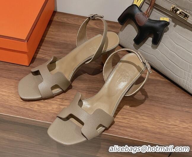 Low Cost Hermes Ella Medium Heel Sandals 7cm in Grained Leather Grey/Silver Buckle 071938