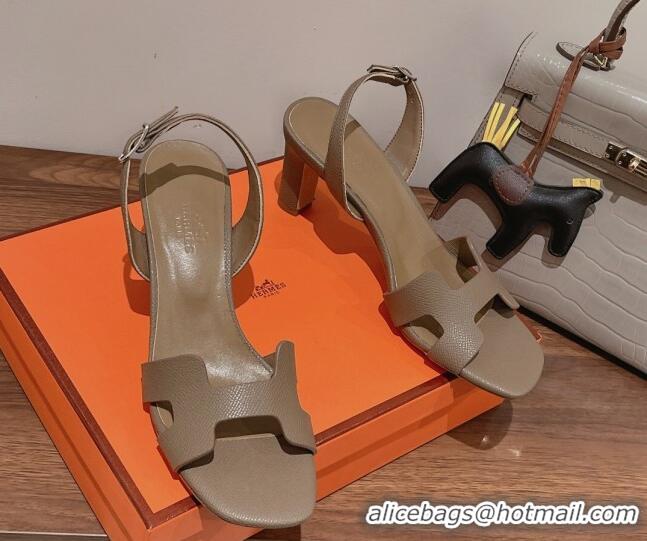 Low Cost Hermes Ella Medium Heel Sandals 7cm in Grained Leather Grey/Silver Buckle 071938