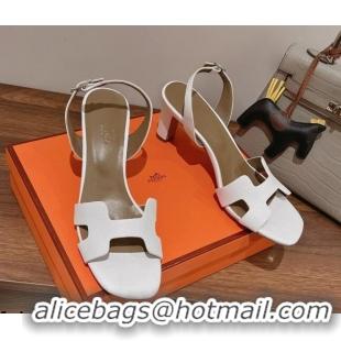 Well Crafted Hermes Ella Medium Heel Sandals 7cm in Grained Leather White/Grey 071939