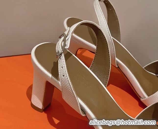 Well Crafted Hermes Ella Medium Heel Sandals 7cm in Grained Leather White/Grey 071939