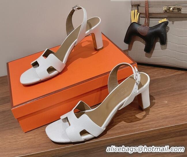 Well Crafted Hermes Ella Medium Heel Sandals 7cm in Grained Leather White/Grey 071939