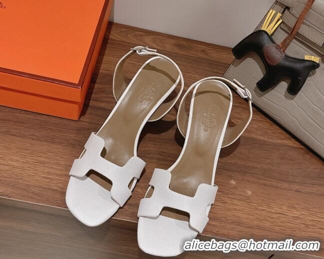 Well Crafted Hermes Ella Medium Heel Sandals 7cm in Grained Leather White/Grey 071939