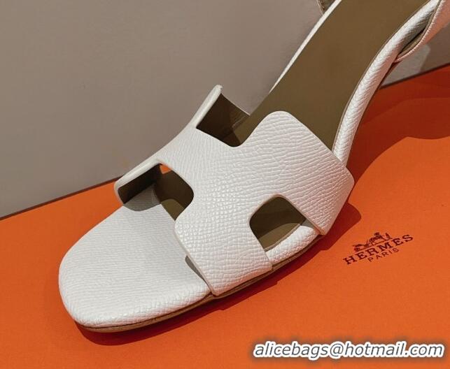 Well Crafted Hermes Ella Medium Heel Sandals 7cm in Grained Leather White/Grey 071939