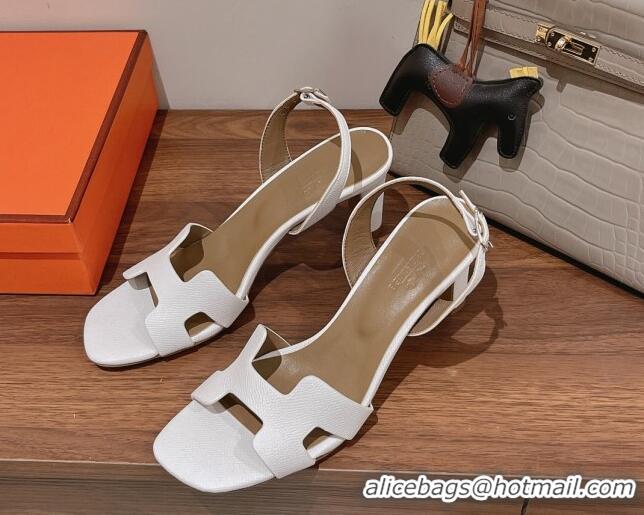 Well Crafted Hermes Ella Medium Heel Sandals 7cm in Grained Leather White/Grey 071939