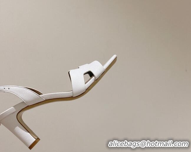 Well Crafted Hermes Ella Medium Heel Sandals 7cm in Grained Leather White/Grey 071939