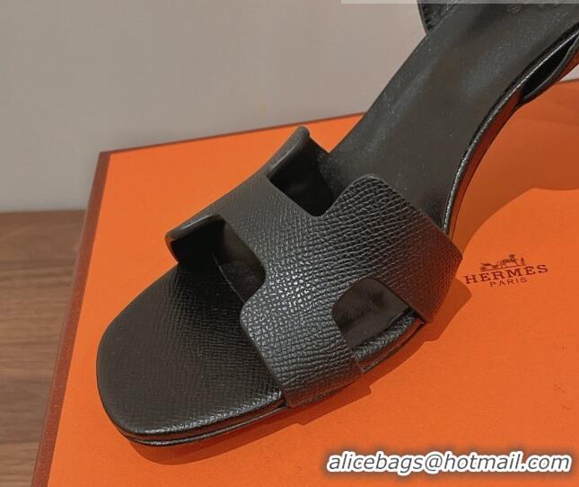 Shop Duplicate Hermes Ella Medium Heel Sandals 7cm in Grained Leather Black/Silver Buckle 071940