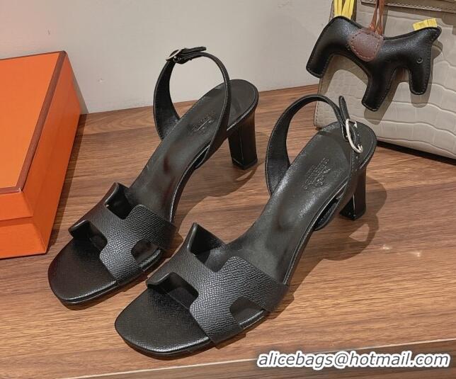 Shop Duplicate Hermes Ella Medium Heel Sandals 7cm in Grained Leather Black/Silver Buckle 071940