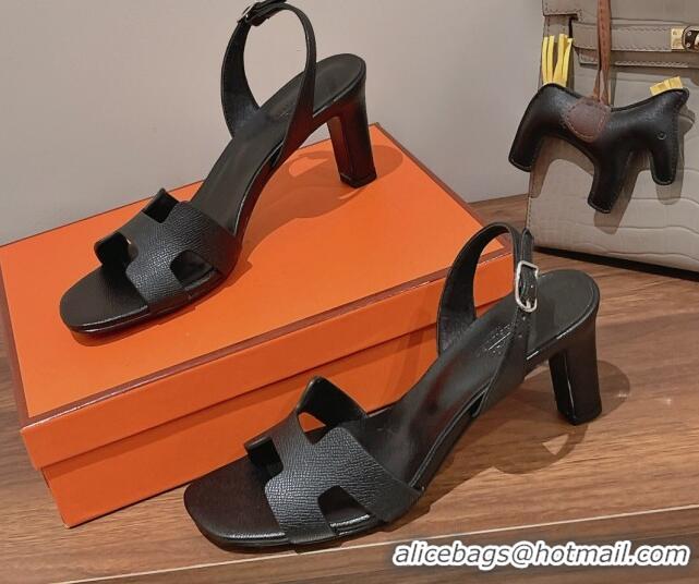 Shop Duplicate Hermes Ella Medium Heel Sandals 7cm in Grained Leather Black/Silver Buckle 071940