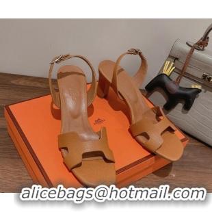 Good Quality Hermes Ella Medium Heel Sandals 7cm in Grained Leather Brown/Silver Buckle 071941