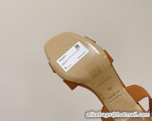 Good Quality Hermes Ella Medium Heel Sandals 7cm in Grained Leather Brown/Silver Buckle 071941