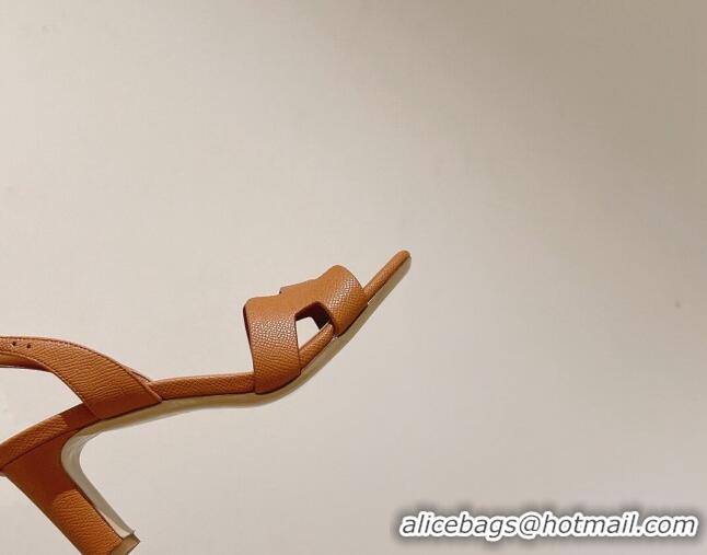 Good Quality Hermes Ella Medium Heel Sandals 7cm in Grained Leather Brown/Silver Buckle 071941