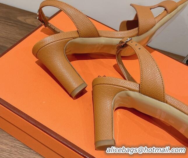 Good Quality Hermes Ella Medium Heel Sandals 7cm in Grained Leather Brown/Silver Buckle 071941