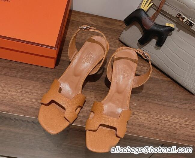 Good Quality Hermes Ella Medium Heel Sandals 7cm in Grained Leather Brown/Silver Buckle 071941