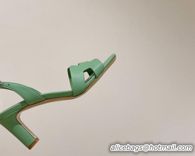 Good Looking Hermes Ella Medium Heel Sandals 7cm in Grained Leather Green/Silver Buckle 071942