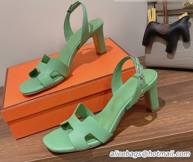 Good Looking Hermes Ella Medium Heel Sandals 7cm in Grained Leather Green/Silver Buckle 071942