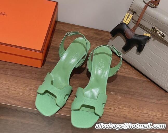 Good Looking Hermes Ella Medium Heel Sandals 7cm in Grained Leather Green/Silver Buckle 071942