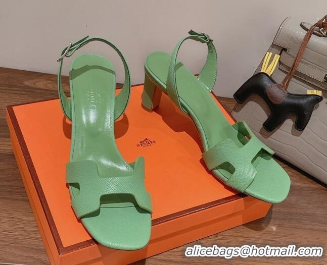 Good Looking Hermes Ella Medium Heel Sandals 7cm in Grained Leather Green/Silver Buckle 071942