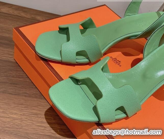 Good Looking Hermes Ella Medium Heel Sandals 7cm in Grained Leather Green/Silver Buckle 071942