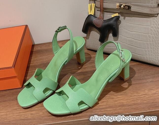 Good Looking Hermes Ella Medium Heel Sandals 7cm in Grained Leather Green/Silver Buckle 071942