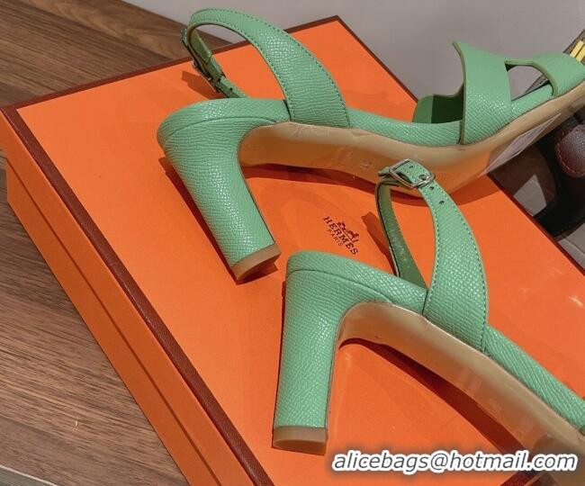 Good Looking Hermes Ella Medium Heel Sandals 7cm in Grained Leather Green/Silver Buckle 071942