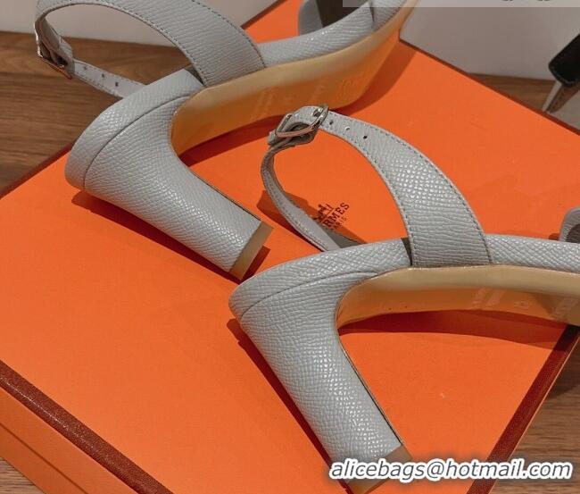 Best Product Hermes Ella Medium Heel Sandals 7cm in Grained Leather Light Grey/Silver Buckle 2071943