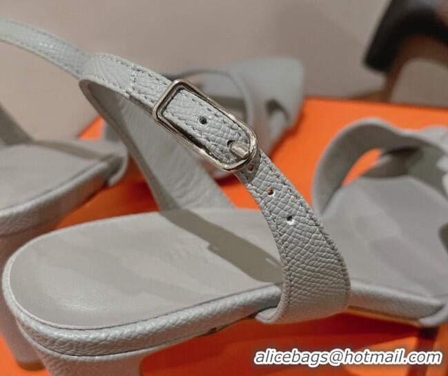 Best Product Hermes Ella Medium Heel Sandals 7cm in Grained Leather Light Grey/Silver Buckle 2071943