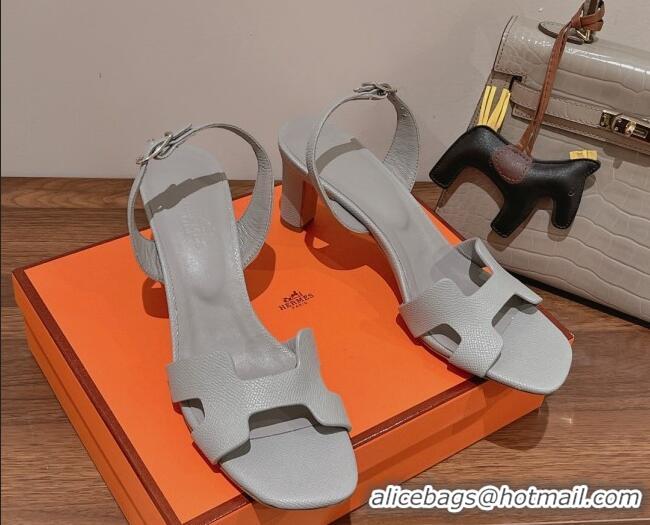 Best Product Hermes Ella Medium Heel Sandals 7cm in Grained Leather Light Grey/Silver Buckle 2071943