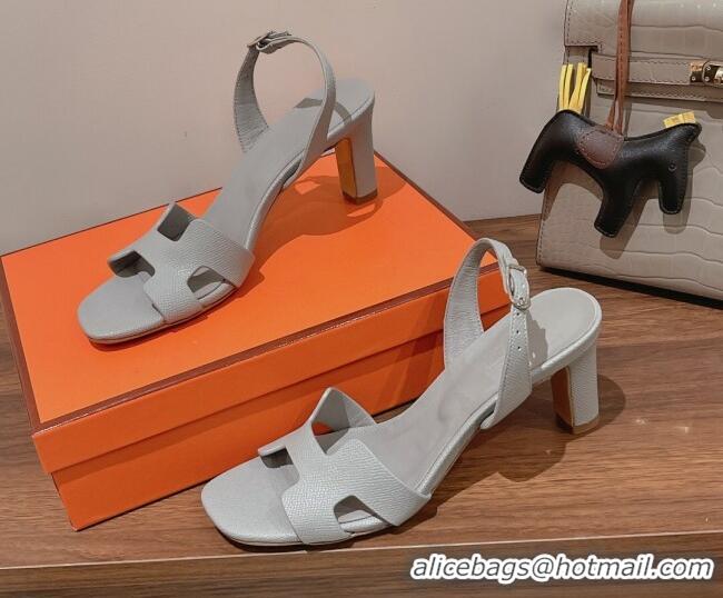 Best Product Hermes Ella Medium Heel Sandals 7cm in Grained Leather Light Grey/Silver Buckle 2071943