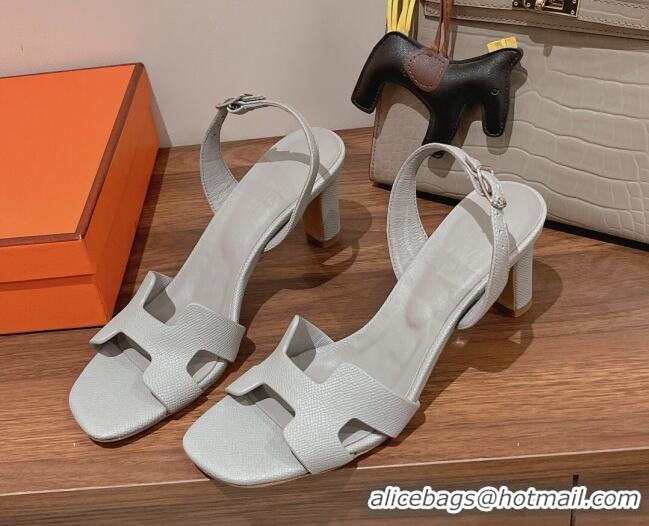 Best Product Hermes Ella Medium Heel Sandals 7cm in Grained Leather Light Grey/Silver Buckle 2071943