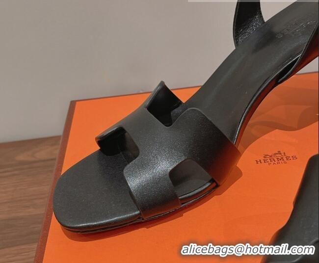 Unique Style Hermes Ella Medium Heel Sandals 7cm in Smooth Leather Black/Silver Buckle 071944