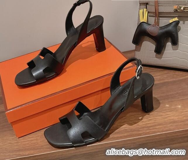 Unique Style Hermes Ella Medium Heel Sandals 7cm in Smooth Leather Black/Silver Buckle 071944