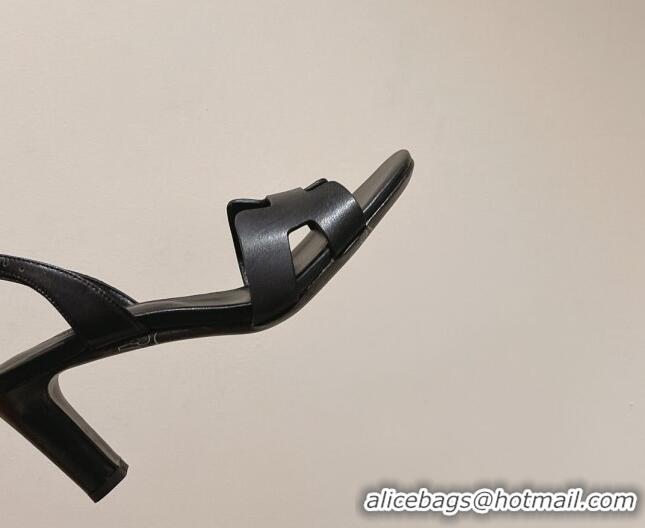 Unique Style Hermes Ella Medium Heel Sandals 7cm in Smooth Leather Black/Silver Buckle 071944