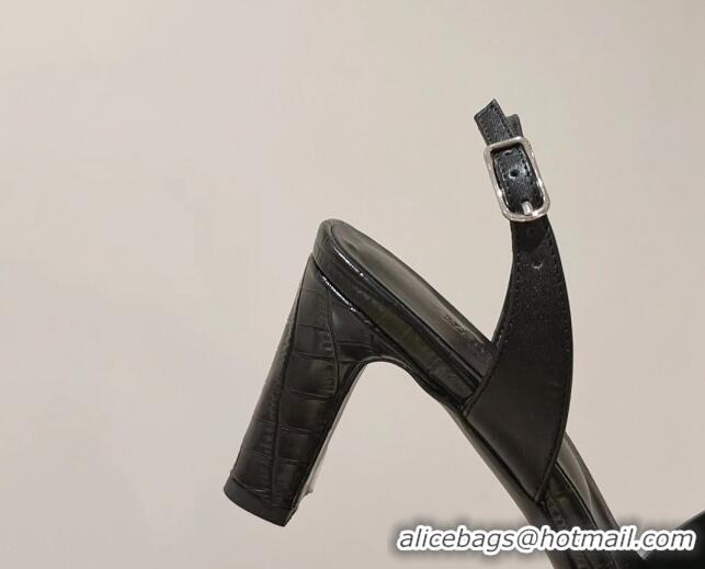 Best Price Hermes Ella High Heel Sandals 7cm in Embossed Leather Black/Silver Buckle 071947 