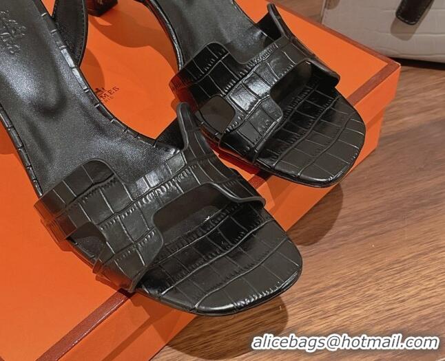 Best Price Hermes Ella High Heel Sandals 7cm in Embossed Leather Black/Silver Buckle 071947 