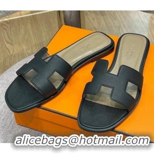 Good Quality Hermes Orang Palm-Grained Leather Classic Flat Slide Sandals Black 071948