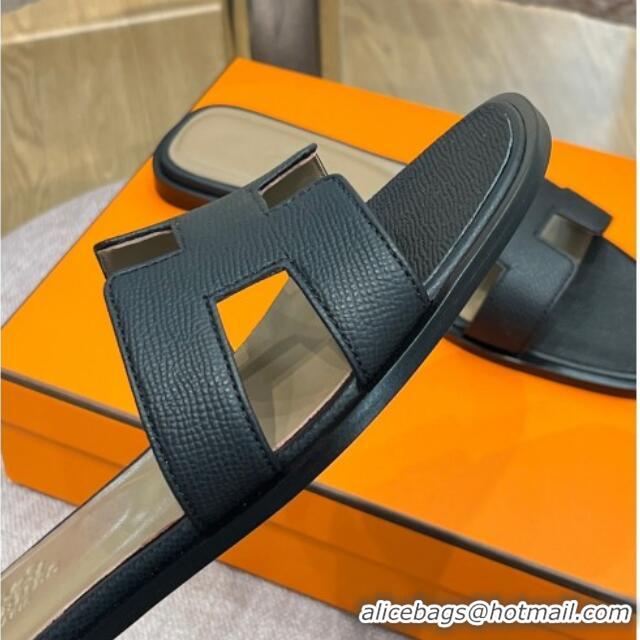 Good Quality Hermes Orang Palm-Grained Leather Classic Flat Slide Sandals Black 071948