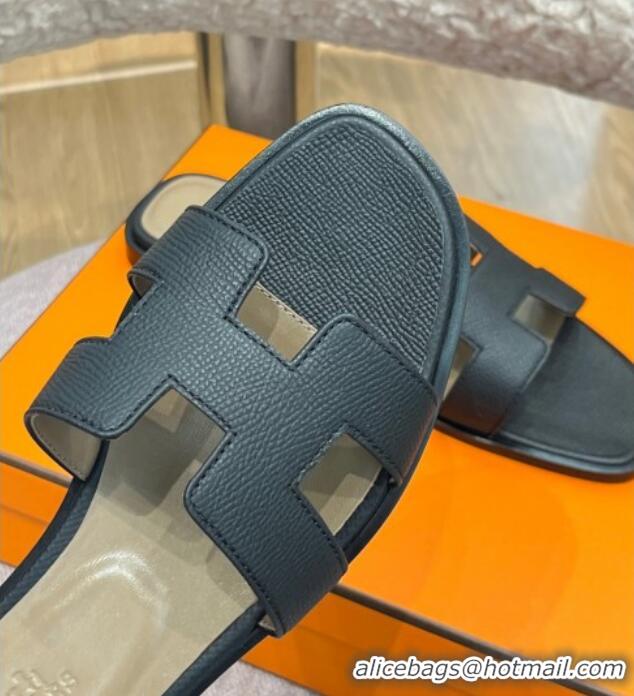 Good Quality Hermes Orang Palm-Grained Leather Classic Flat Slide Sandals Black 071948