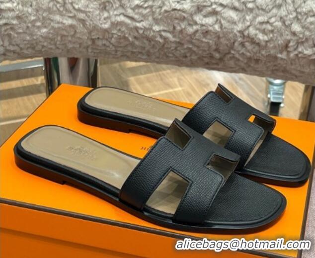 Good Quality Hermes Orang Palm-Grained Leather Classic Flat Slide Sandals Black 071948