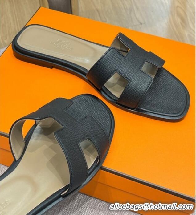 Good Quality Hermes Orang Palm-Grained Leather Classic Flat Slide Sandals Black 071948